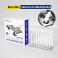 MECHANIC CD48 CAMERA LENS DUSTING STICK - Cleaning Supplies - a white and blue retail box with text and an image of dusting sticks, alongside a plastic stand holding clear, thin, rod-shaped dusting sticks.