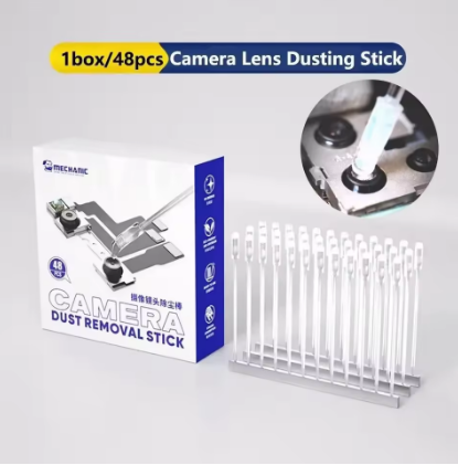MECHANIC CD48 CAMERA LENS DUSTING STICK - Cleaning Supplies - a white and blue retail box with text and an image of dusting sticks, alongside a plastic stand holding clear, thin, rod-shaped dusting sticks.