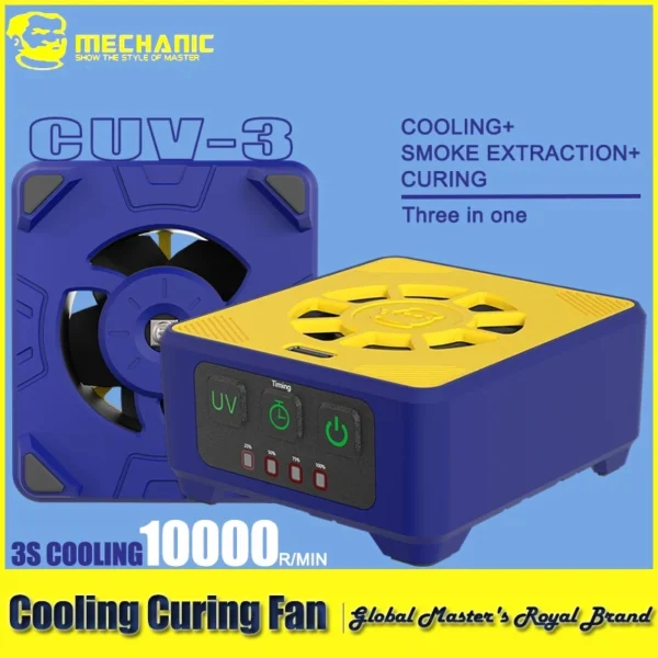 MECHANIC CUV-3 UV FAN - UV Curing Lamp - blue and yellow square cooling and curing device with a black fan on one side and a control panel featuring three buttons and four status indicators on top.