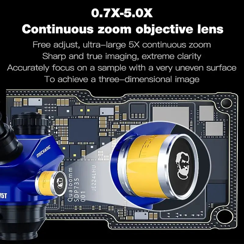 MECHANIC D75T-B11 50X TRINOCULAR STEREO MICROSCOPE - blue metallic microscope lens with a yellow rotating collar, a "MECHANIC" label, and a circular emblem featuring a bearded man's profile.