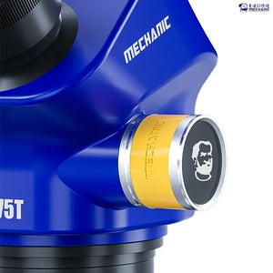 MECHANIC D75T-B11 50X TRINOCULAR STEREO MICROSCOPE - blue microscope head featuring a yellow adjustment knob with a logo, silver rim, and the word mechanic printed in white.