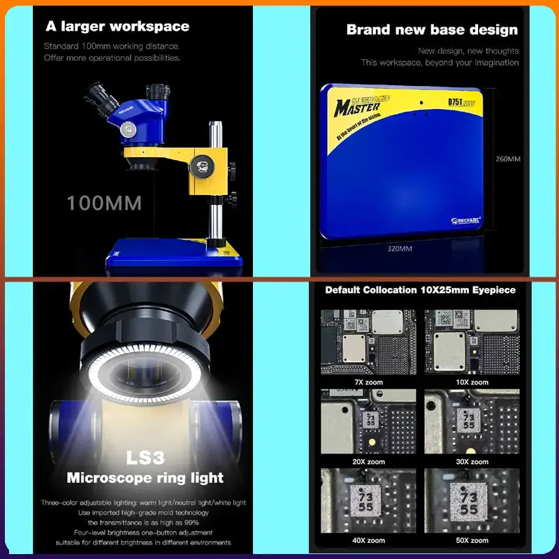 MECHANIC D75T-B11 50X TRINOCULAR STEREO MICROSCOPE - blue and yellow microscope with a tall stand, base plate with "MASTER" text, circular ring light, and examples of various zoom levels on a circuit board.