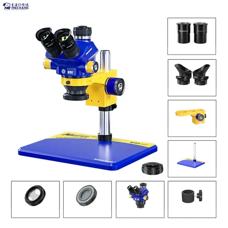 MECHANIC D75T-B11 50X TRINOCULAR STEREO MICROSCOPE - blue and yellow stereo microscope on a rectangular base with a metal stand, accompanied by separate accessory lenses, rubber eyecups, and LED ring lights.