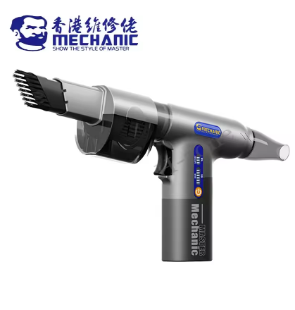 MECHANIC DB10 TURBINE SUCTION and BLOWING MACHINE - Repair Tool - grey, handheld, pistol-shaped electric air duster with a black brush nozzle, a clear dust canister, a blue indicator panel, and "MECHANIC" branding.