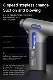Mechanic DB10 Turbo Suction And Blowing Machine Price - the grey handheld device with a power button, gear indicator lights, and text listing six speeds.