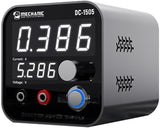 Mechanic DC-1505 Smart Mini Desktop Adjustable Bench Power Supply Tool - a grey, cube-shaped unit with a digital display reading 0.386 and 5.286, a control knob, and two output ports.
