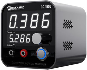 Mechanic DC-1505 Smart Mini Desktop Adjustable Bench Power Supply Tool - a grey, cube-shaped unit with a digital display reading 0.386 and 5.286, a control knob, and two output ports.