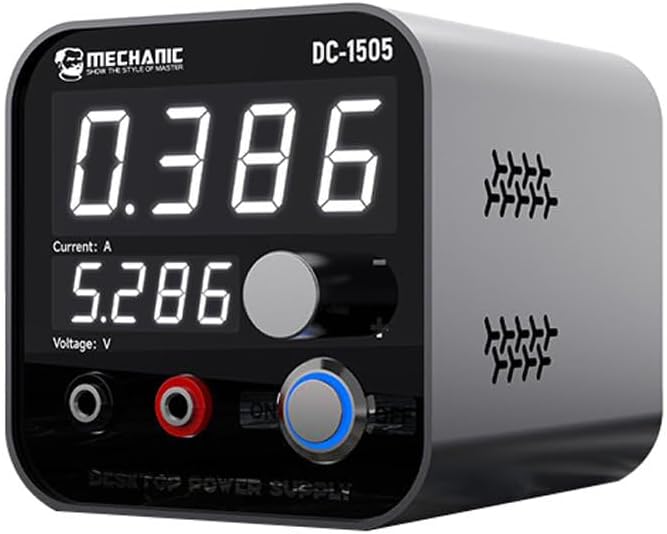 Mechanic DC-1505 Smart Mini Desktop Adjustable Bench Power Supply Tool - a grey, cube-shaped unit with a digital display reading 0.386 and 5.286, a control knob, and two output ports.