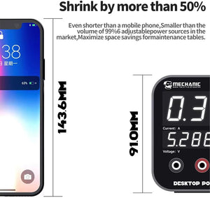 Mechanic DC-1505 Smart Mini Desktop Adjustable Bench Power Supply Tool - shown in a dimension diagram comparing its height to a smartphone.