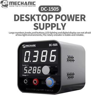 Mechanic DC-1505 Smart Mini Desktop Adjustable Bench Power Supply Tool - a grey, cube-shaped device with a digital display showing 0.386 A and 5.286 V, a rotary knob, and two ports.