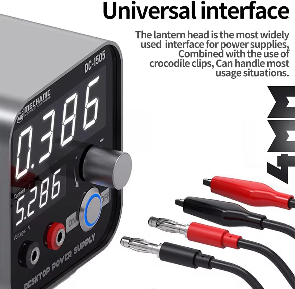 Mechanic DC-1505 Smart Mini Desktop Adjustable Bench Power Supply Tool - the digital display, a control knob, power ports, and two pairs of banana plug cables with crocodile clips.