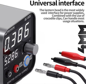 Mechanic DC-1505 Smart Mini Desktop Adjustable Bench Power Supply Tool - the digital display, a control knob, power ports, and two pairs of banana plug cables with crocodile clips.