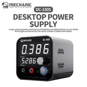 MECHANIC DC1505 DC SUPPLY - DC Power Supply - grey compact desktop power supply with a black front panel featuring two large white digital displays, a rotary knob, two circular input ports, and text labels.