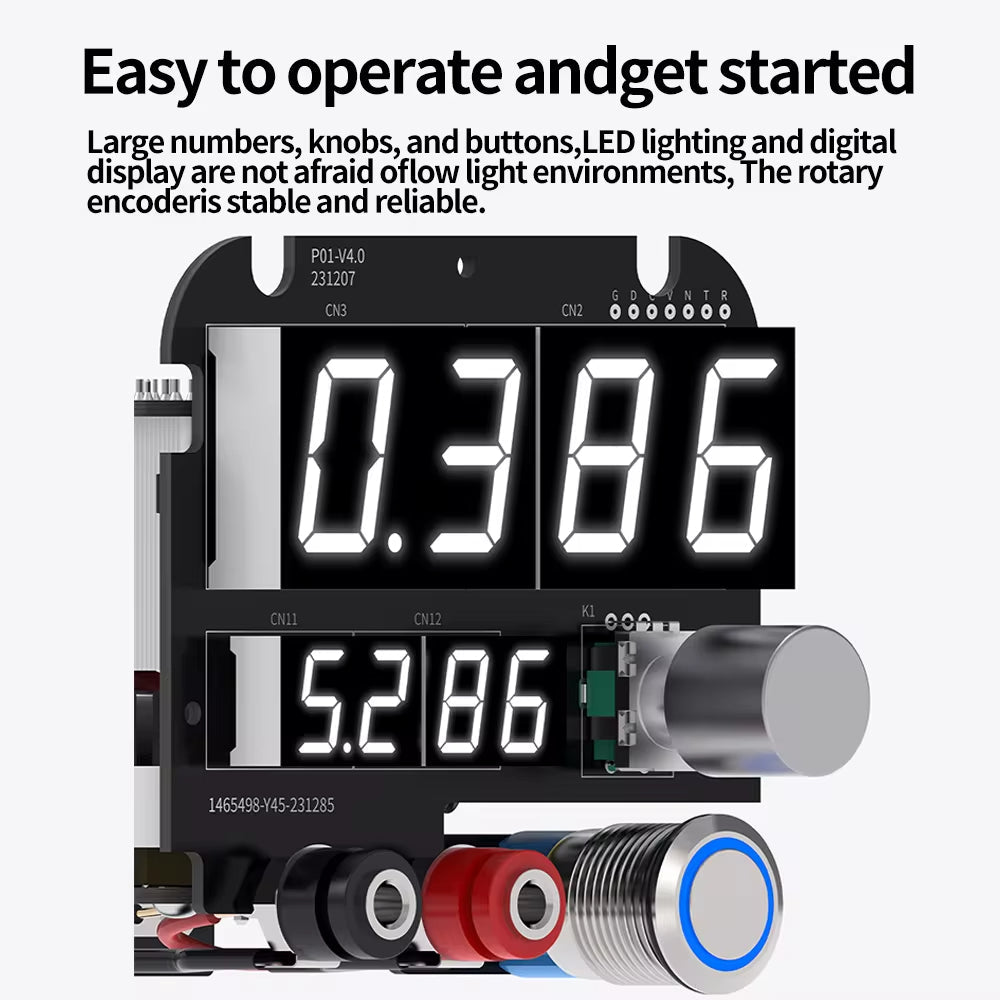 MECHANIC DC1505 DC SUPPLY - DC Power Supply - black rectangular circuit board module with two digital LED displays, a silver rotary knob, and three circular buttons in red, black, and silver with a blue light.