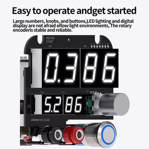 MECHANIC DC1505 DC SUPPLY - DC Power Supply - black rectangular circuit board module with two digital LED displays, a silver rotary knob, and three circular buttons in red, black, and silver with a blue light.