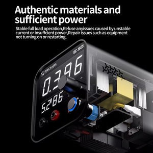 MECHANIC DC1505 DC SUPPLY - DC Power Supply - black rectangular electronic device with a digital display showing "0.396" and "5.286," labeled "DC-1505" and "MECHANIC," featuring a knob and circular ports.