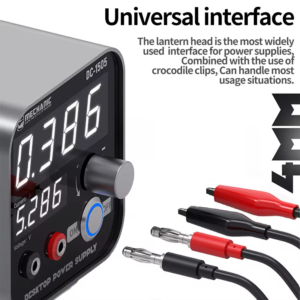 MECHANIC DC1505 DC SUPPLY - DC Power Supply - silver and black rectangular power supply with digital display labeled "DC-1505" and "MECHANIC," alongside four cables with red and black crocodile clips.