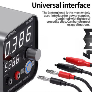 MECHANIC DC1505 DC SUPPLY - DC Power Supply - silver and black rectangular power supply with digital display labeled "DC-1505" and "MECHANIC," alongside four cables with red and black crocodile clips.
