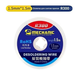 Mechanic Desoldering Wire R300 1.5 x 1.5 mm BGA Welding Desoldering Wick Braid Tin - a round spool of desoldering wick with a blue, red, and white label detailing its 1.5mm width and 1.5m length.