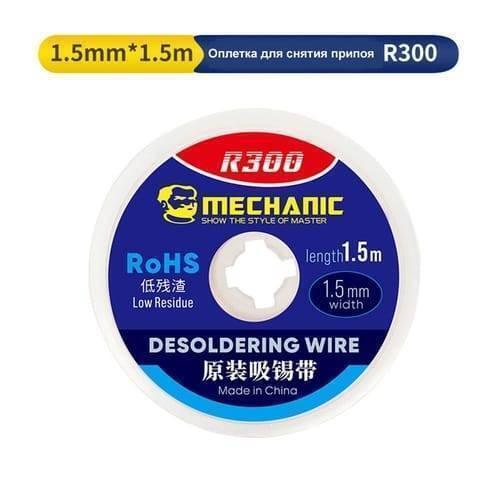 Mechanic Desoldering Wire R300 1.5 x 1.5 mm BGA Welding Desoldering Wick Braid Tin - a round spool of desoldering wick with a blue, red, and white label detailing its 1.5mm width and 1.5m length.