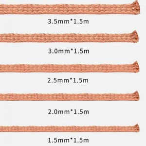 Mechanic Desoldering Wire R300 1.5 x 1.5 mm BGA Welding Desoldering Wick Braid Tin - five strands of copper desoldering wick in varying thicknesses, each labeled with its respective size and length.