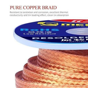 Mechanic Desoldering Wire R300 1.5 x 1.5 mm BGA Welding Desoldering Wick Braid Tin - a close-up of a copper braid spool with a blue label featuring the text "RoHS", "Low Residue", and "Desolder".