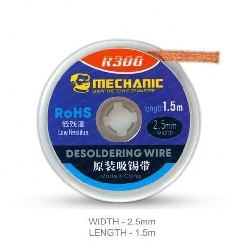 Mechanic Desoldering Wire R300 1.5m 2.5mm BGA Welding Desoldering Wick Braid Tin - a circular spool of copper desoldering wick with blue and orange branding, showing 2.5mm width and 1.5m length.