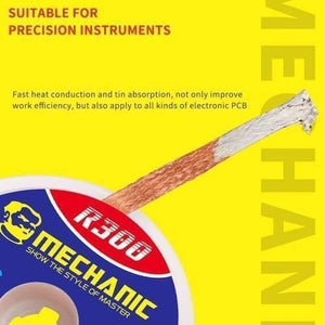 Mechanic Desoldering Wire R300 1.5m 2.5mm BGA Welding Desoldering Wick Braid Tin - a spool of copper desoldering wick with a tinned end, featuring blue, red, and yellow branded packaging.