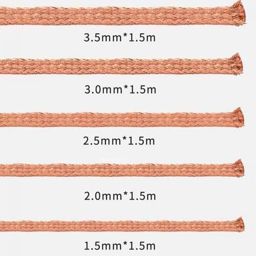 Mechanic Desoldering Wire R300 1.5m 2.5mm BGA Welding Desoldering Wick Braid Tin - five strands of copper desoldering braid of varying thicknesses, each labeled with its width and 1.5m length.