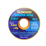 Mechanic DS6+M60 40G 0.4mm Electronic Soldering Welding No-clean Rosin Solder Wire - a circular spool with a yellow rim and a blue and purple label detailing specifications like 0.4mm diameter and 40g weight.