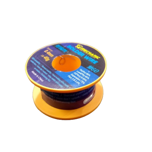 Mechanic DS6+M60 40G 0.4mm Electronic Soldering Welding No-clean Rosin Solder Wire - a yellow plastic spool containing 0.4mm diameter solder wire with a blue label detailing specifications and features.