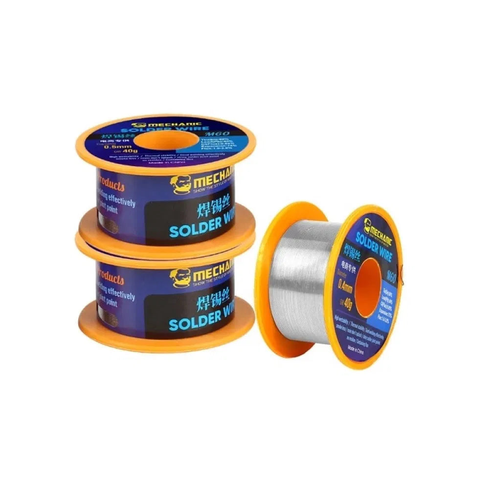 Mechanic DS6+M60 40G 0.4mm Electronic Soldering Welding No-clean Rosin Solder Wire - shown as three orange-spooled rolls of silver soldering wire with blue and black labels.