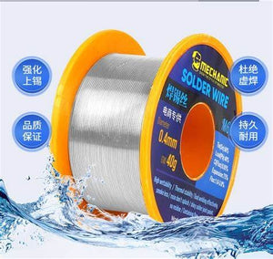 Mechanic DS6+M60 40G 0.4mm Electronic Soldering Welding No-clean Rosin Solder Wire - a spool of silver welding wire with yellow plastic ends, set against a background of splashing water.
