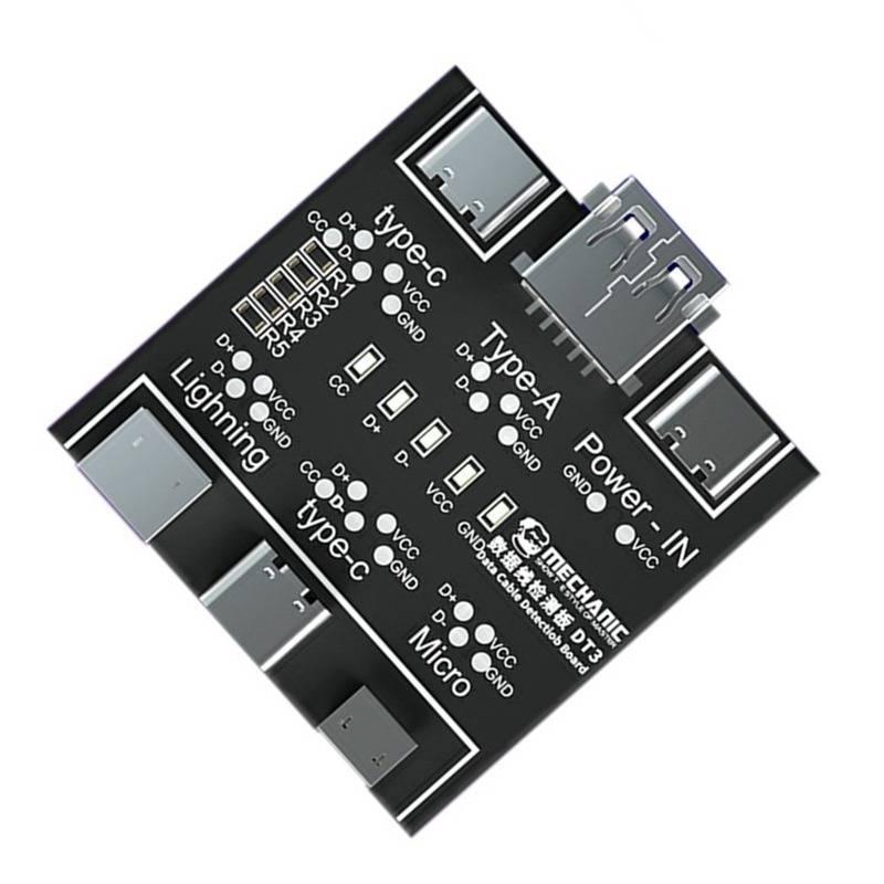 Mechanic DT3 Data Cable Detection Board For Ios Android Type-c - a black rectangular PCB featuring Lightning, Type-C, Micro, and Type-A USB ports with labeled test points.