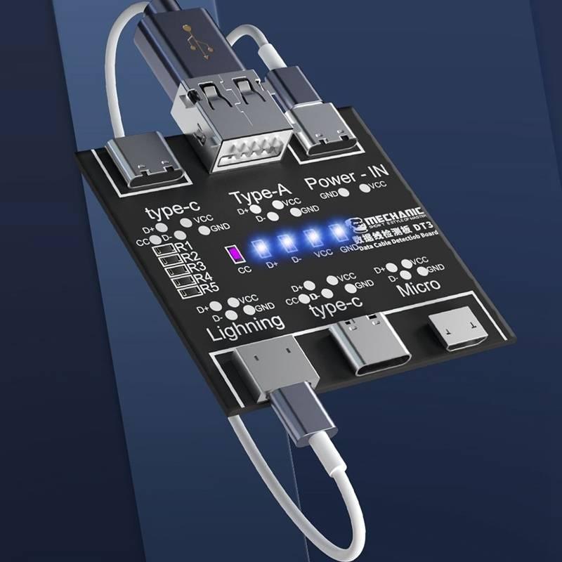 Mechanic DT3 Data Cable Detection Board For Ios Android Type-c - a black circuit board with USB-A, Type-C, Lightning, and Micro ports, status LEDs, and cables attached.