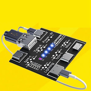 Mechanic DT3 Data Cable Detection Board For Ios Android Type-c - a black circuit board with multiple USB, Type-C, Micro, and Lightning ports, featuring illuminated LED indicators.