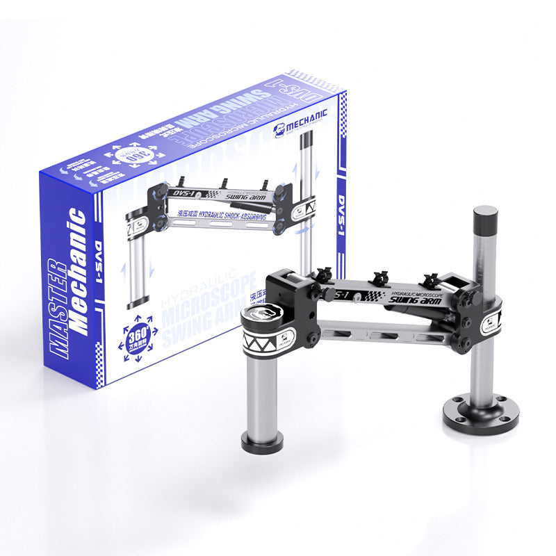 MECHANIC DVS-1 SWING ARM BRACKET - Microscope Bracket - grey and black articulated hydraulic microscope swing arm stand next to its blue and white rectangular product packaging with DVS-1 branding.