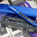 Mechanic Electric Screwdriver ES420 Price - shown with a blue cylindrical handle featuring three buttons, resting on its grey storage case containing various bits.