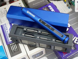 Mechanic Electric Screwdriver ES420 Price - shown with a blue cylindrical handle featuring three buttons, resting on its grey storage case containing various bits.