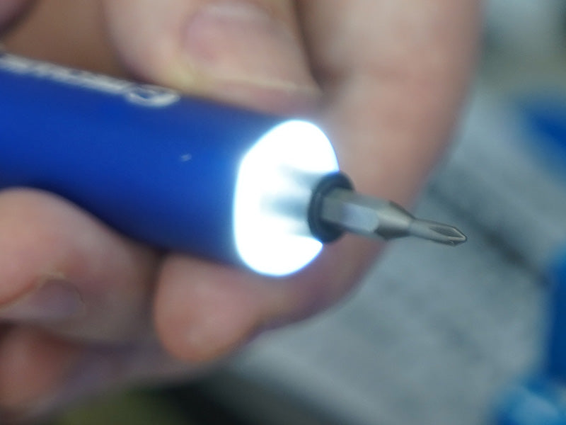 Mechanic Electric Screwdriver ES420 Price - a close-up showing the blue handle with an illuminated LED ring around the inserted metal screwdriver bit.