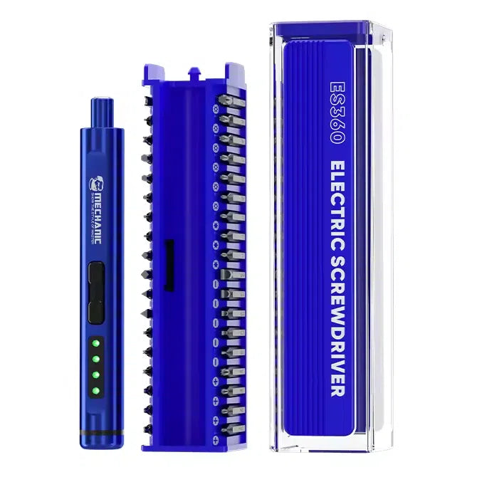Mechanic ES360 36-in-1 Electric Screwdriver Set For Mobile Phone Repair - a blue electric handle with four green LED indicators, a bit storage rack, and a clear case.