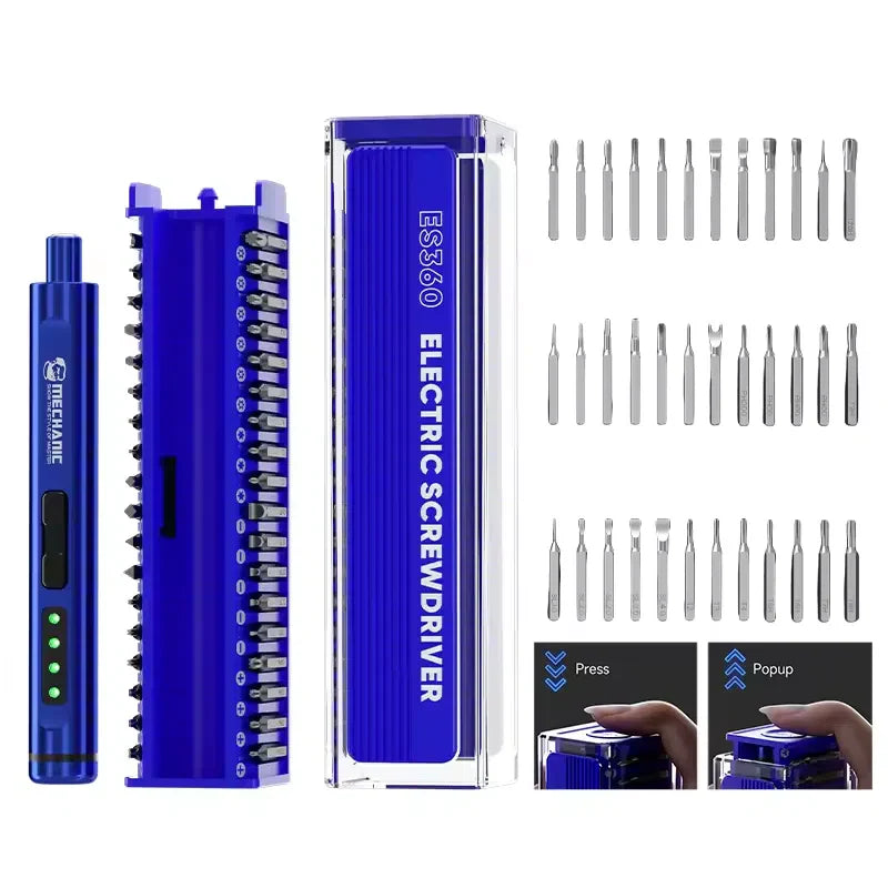 Mechanic ES360 36-in-1 Electric Screwdriver Set For Mobile Phone Repair - shown with a blue handheld tool, a blue bit storage case, and various screwdriver bits arranged in rows.