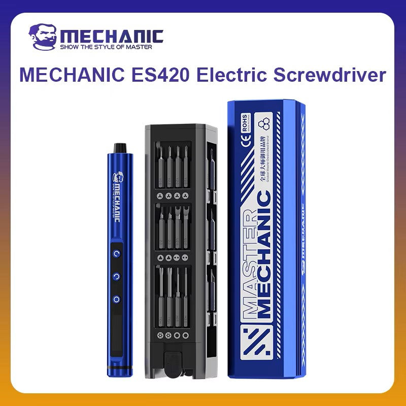 MECHANIC ES420 ELECTRIC SCREWDRIVER - blue cylindrical electric screwdriver, a rectangular bit storage case with multiple metallic bits, and a blue hexagonal storage box with white text and logos.