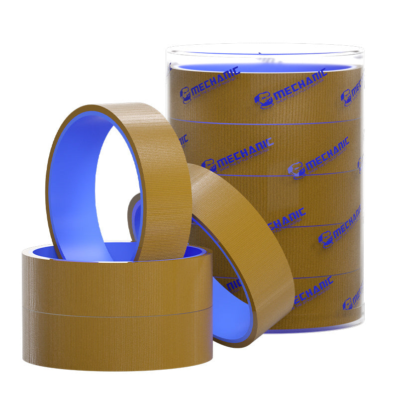 MECHANIC F4 TEFLON TAPE - Repair Tape - brown adhesive tape rolls with blue inner cores, featuring repeating mechanic brand logos printed in blue across the surface.