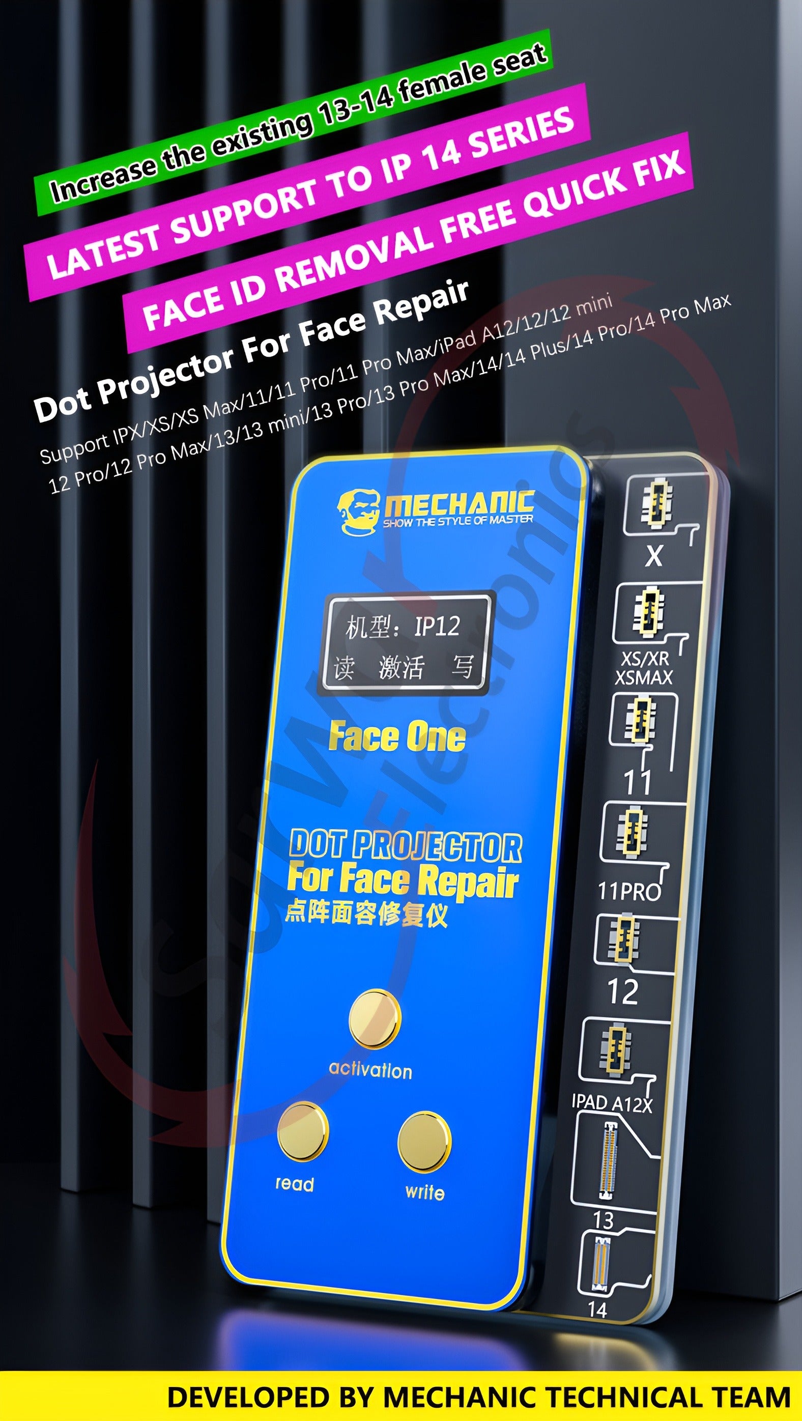 MECHANIC FACE REPAIRING INSTRUMENT SET - Repair Tool Set - rectangular blue electronic repair tool featuring a digital screen, three gold circular buttons labeled activation, read, and write, and side-mounted connectors.