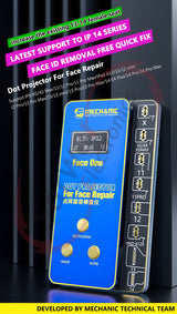 MECHANIC FACE REPAIRING INSTRUMENT SET - Repair Tool Set - rectangular blue electronic repair tool featuring a digital screen, three gold circular buttons labeled activation, read, and write, and side-mounted connectors.