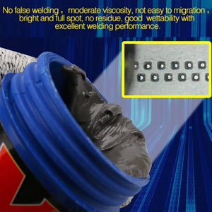 Mechanic Flux Solder Paste 40G 148 Degree XP5 - a close-up of grey solder paste inside a blue container with a small inset of applied solder dots.