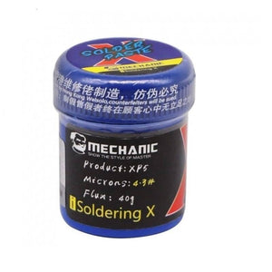 Mechanic Flux Solder Paste 40G 148 Degree XP5 - a blue cylindrical plastic jar with a screw-on lid, labeled with product details and branding.