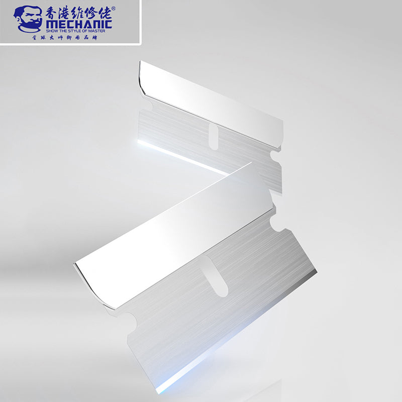 MECHANIC FR1 SCREEN REPAIR BLADE - two rectangular, silver, metallic utility blades with beveled edges and a central slot, positioned against a light background with a brand logo in the corner.