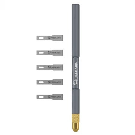 MECHANIC FS51 GLUE REMOVAL BLADE - Repair Blade - grey cylindrical hobby knife with a knurled grip, a gold-coloured metal tip, "MECHANIC" branding, and five matching flat rectangular replacement blades.